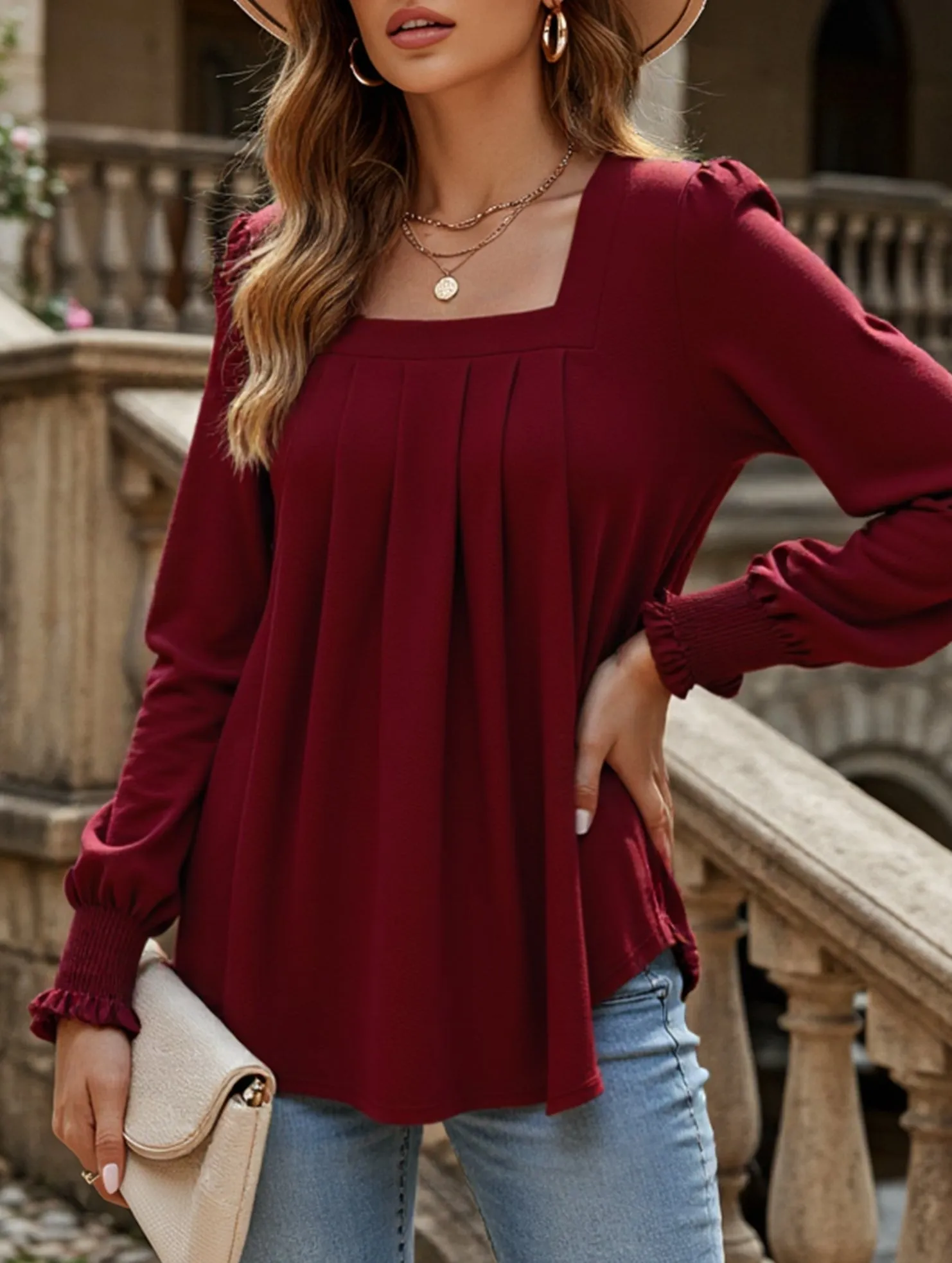 All-day style Perfect Layering WOMEN SQAURE NECK SHIRRED CUFF LONG SLEEVE BLOUSE