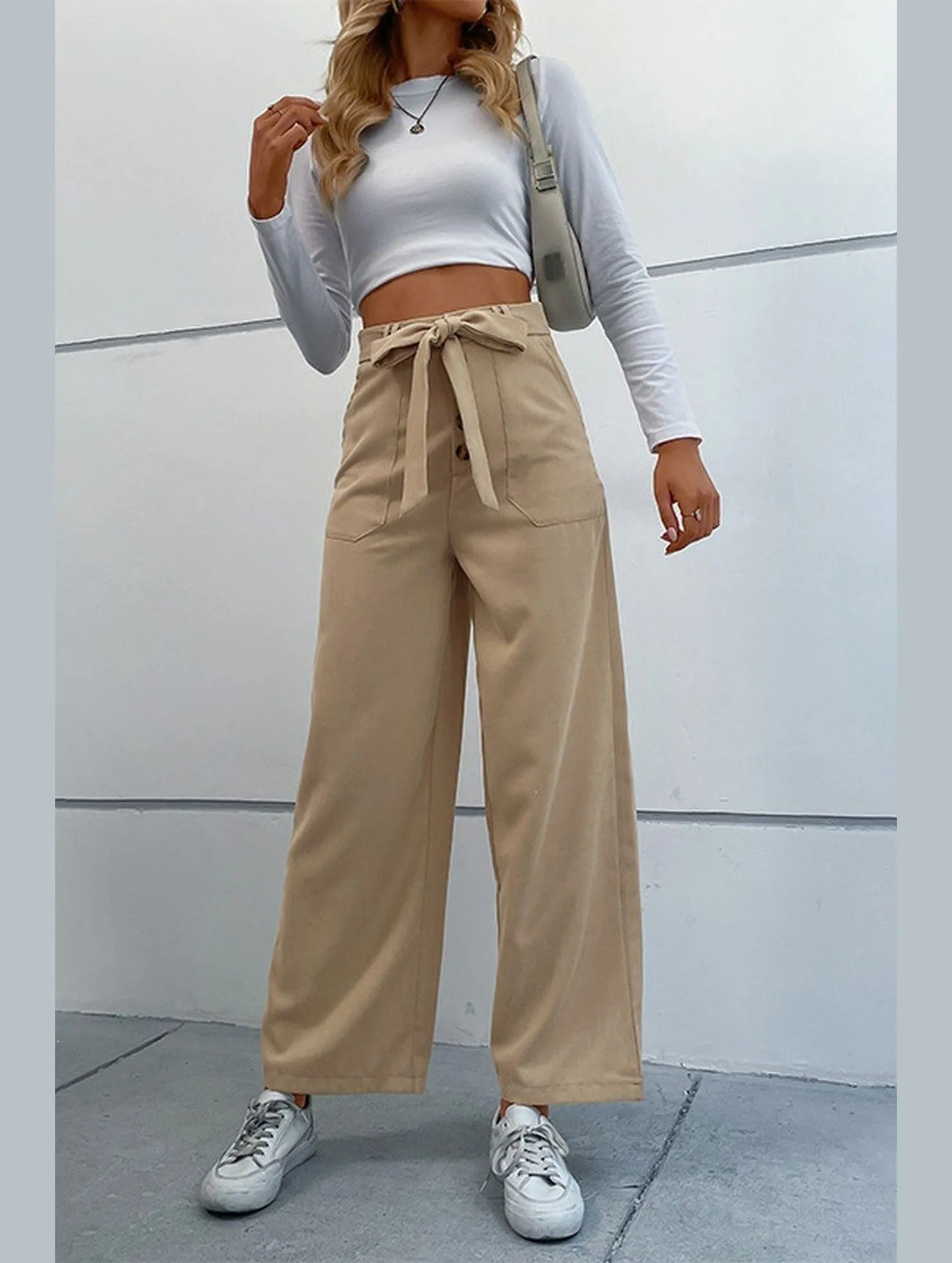Rubberized grip Street Ready WOMEN STRAIGHT LEG FRONT TIED LONG CASUAL PANTS
