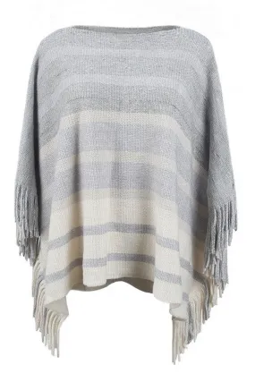 Short Sleeve WOMEN STRIPE COLOR BLOCK TASSEL PONCHO SHAWL