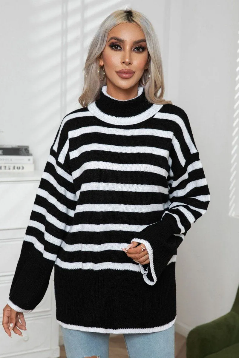 Fade Resistant Treatment WOMEN STRIPED SIDE SLIT TURTLENECK LOOSE SWEATER
