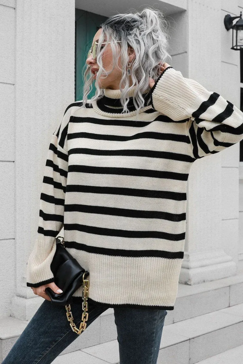 Warm Knit Design Knit Essentials WOMEN STRIPED SIDE SLIT TURTLENECK LOOSE SWEATER