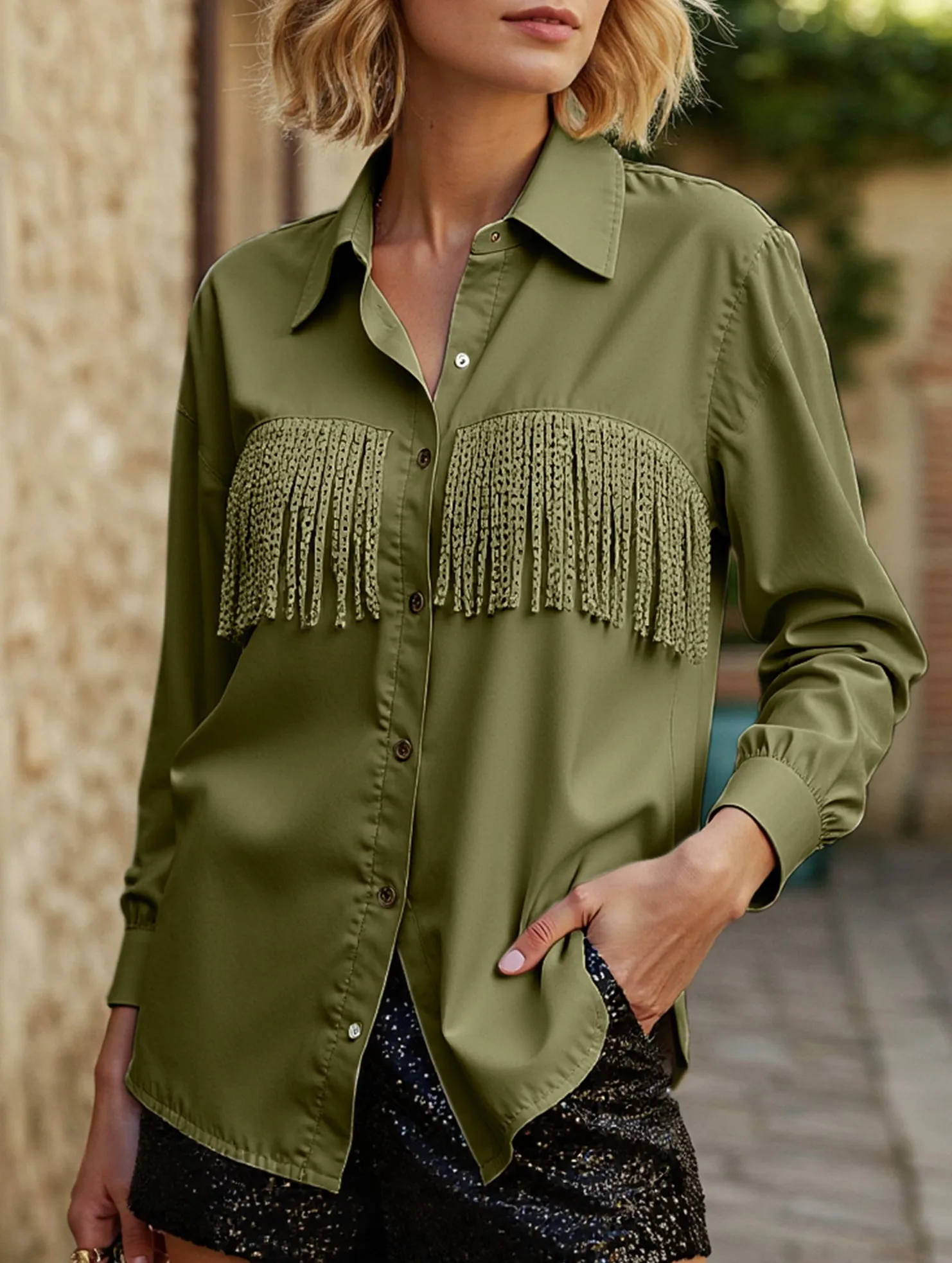 Smart Look Minimal Fit WOMEN TASSEL DETAILED BUTTON UP BLOUSE SHIRTS