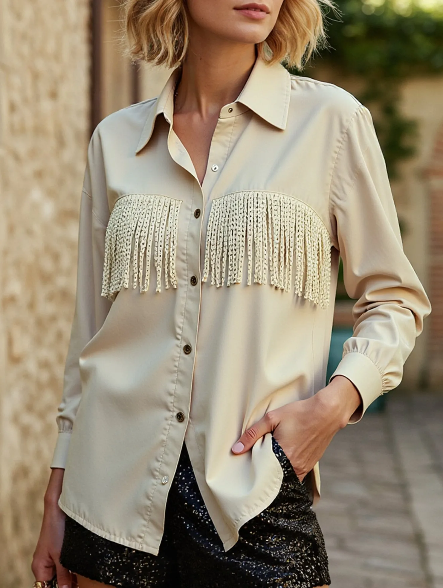 WOMEN TASSEL DETAILED BUTTON UP BLOUSE SHIRTS Noise Reduciting Fabric FadeResistantTreatment