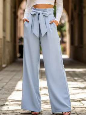 WOMEN TIED WAIST WIDE LEG OFFICE WORK PANTS Stretch Material Form Fit Comfort