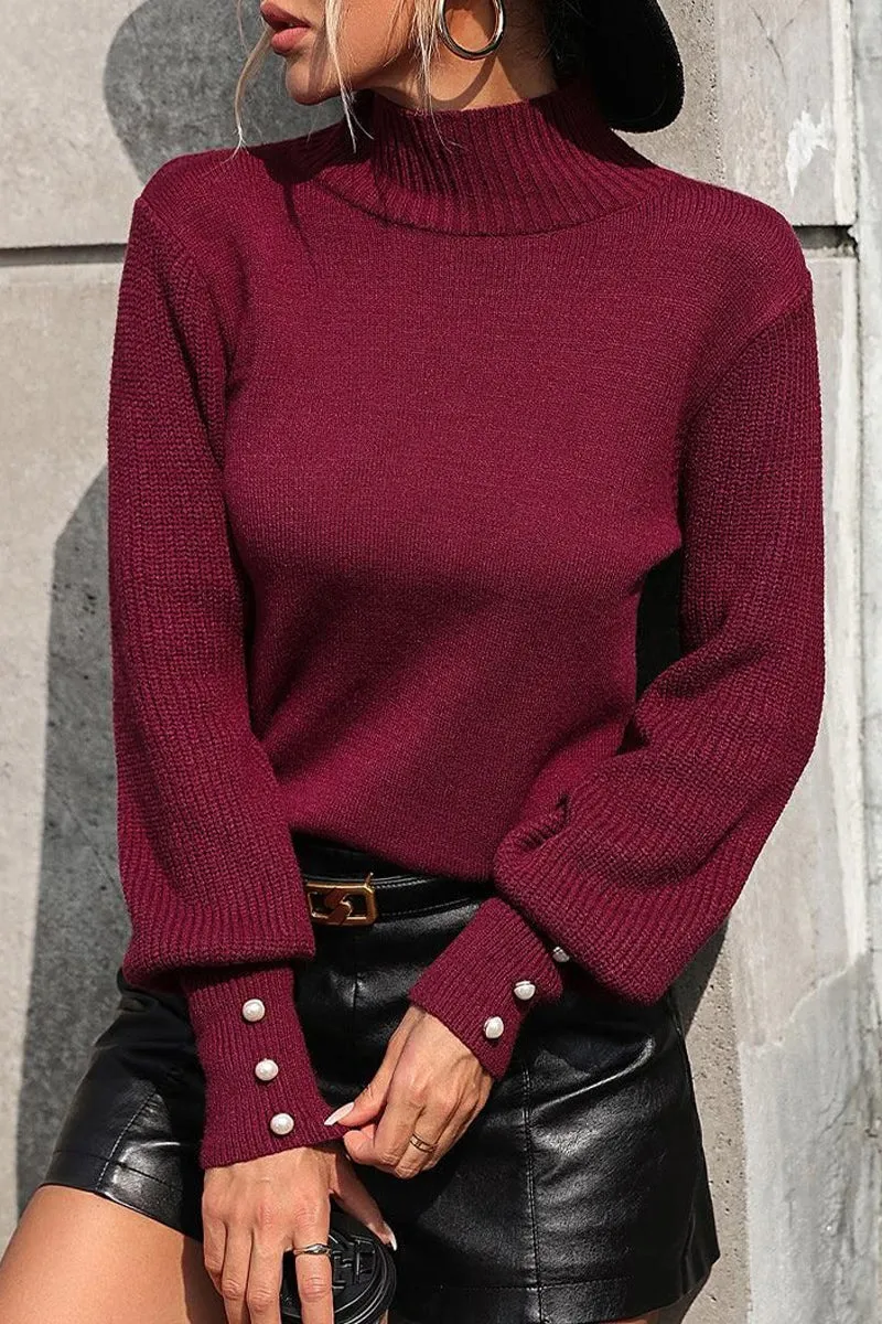 WOMEN TURTLE NECK FITTED RIB SLEEVE KNIT SWEATER Classic Design