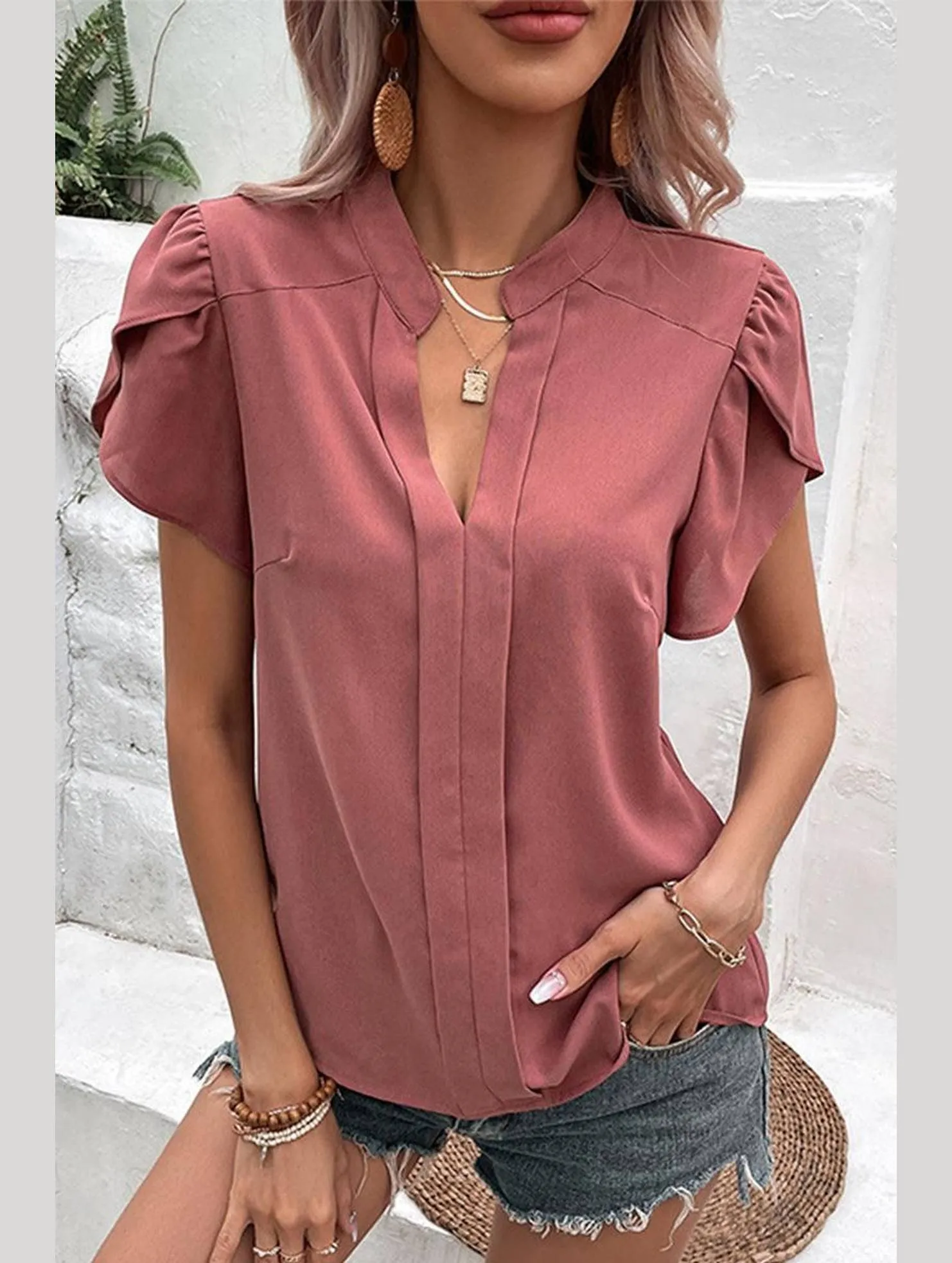 WOMEN V NECK PETAL TULIP SLEEVE T SHIRT Trendy Wear ZeroDistressFinish