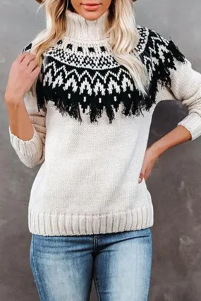 WOMEN VINTAGE TASSEL HIGH NECK BOHEMIAN SWEATER Durable Fiber Blend OdorResistantTechnology