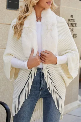 WOMEN WINTER FURRY TASSEL DETAILED SHAWL WRAP Chic Cardigan