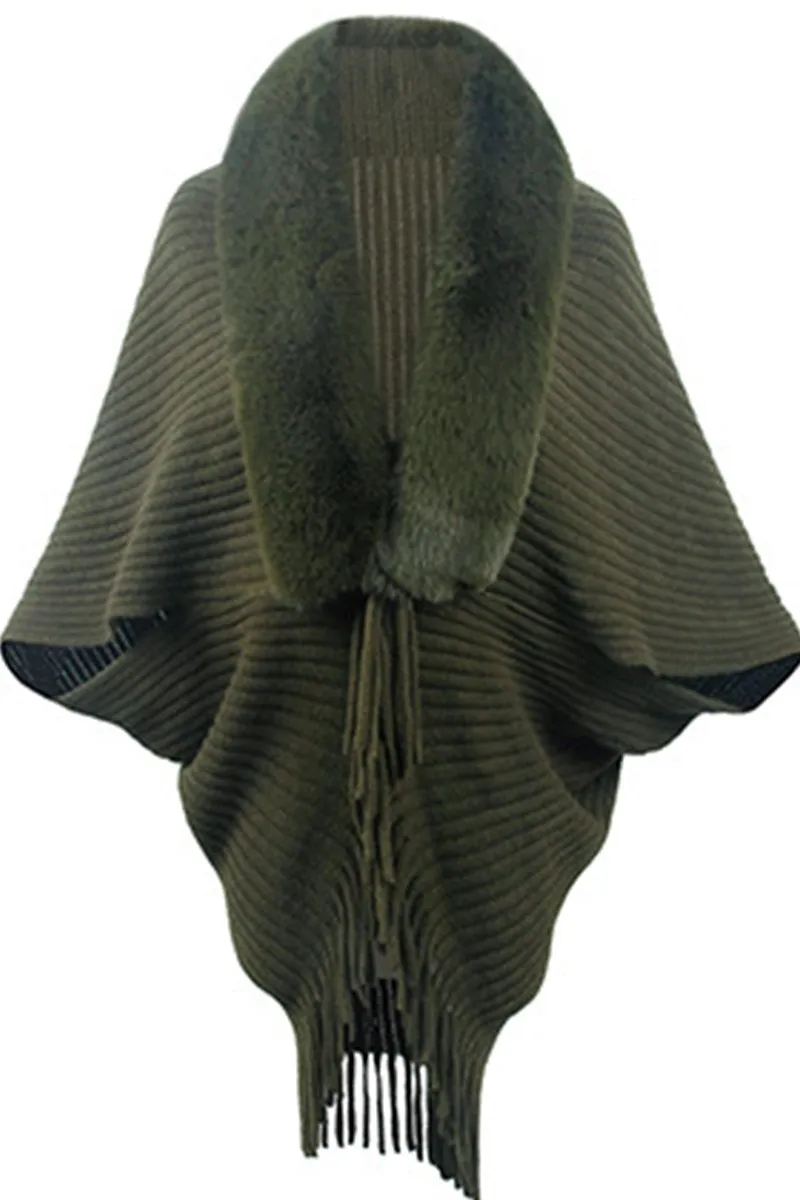 Seamless Construction Design Low Impact Production WOMEN WINTER FURRY TASSEL DETAILED SHAWL WRAP