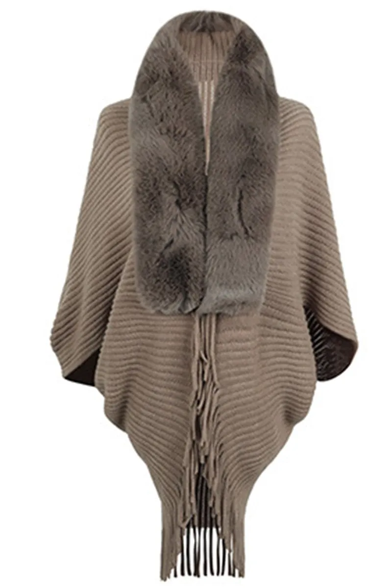 WOMEN WINTER FURRY TASSEL DETAILED SHAWL WRAP Style Staple Pocket Placement