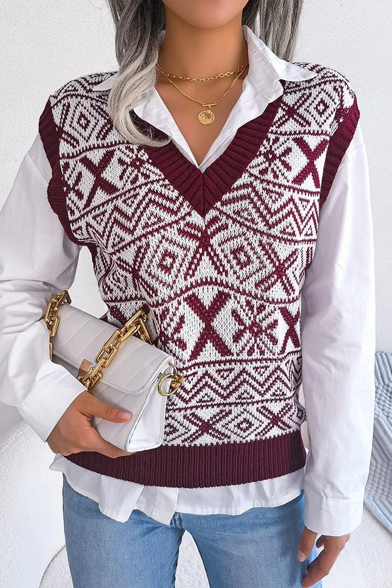 WOMEN X MAS PATTERN LOOSE FIT RIBBED SWEAT VEST Chilly Day Knitwear