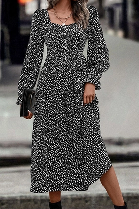 WOMEN DEEP SQUARE NECK LONG SLEEVE PATTERN DRESS Neutral Fit Daily Style