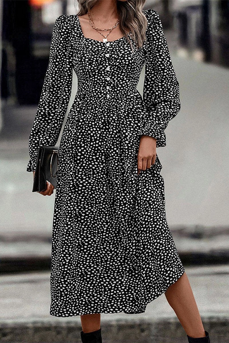 Elastic-Waist WOMEN DEEP SQUARE NECK LONG SLEEVE PATTERN DRESS