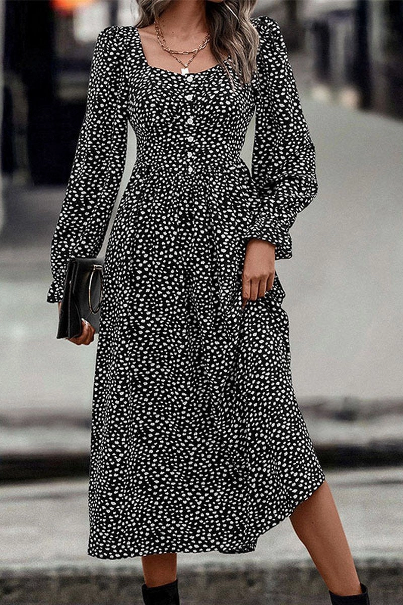 WOMEN DEEP SQUARE NECK LONG SLEEVE PATTERN DRESS Neutral Fit Daily Style