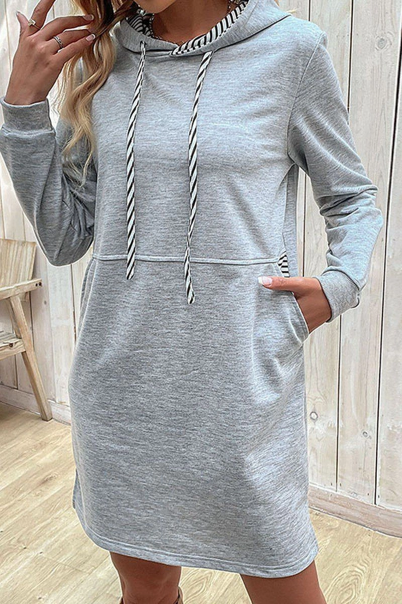 WOMEN DRAWSTRING HOODED SIDE POCKET MID DRESS Lux Look Weekend Casual