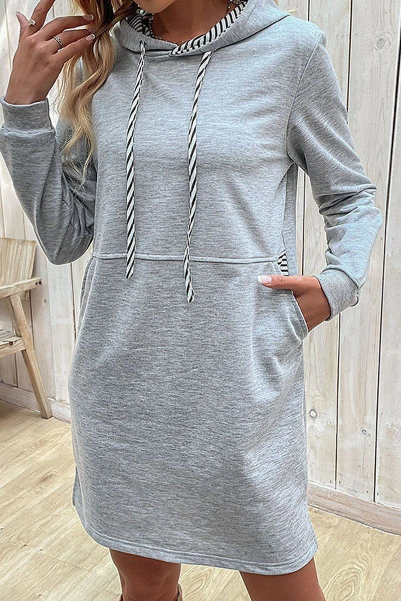 Velvet-Edge WOMEN DRAWSTRING HOODED SIDE POCKET MID DRESS