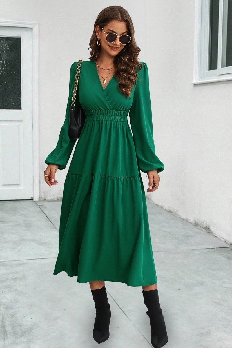 TemperatureRegulatingFabric WOMEN ELASTIC WAIST V NECK LONG SLEEVE MAXI DRESS