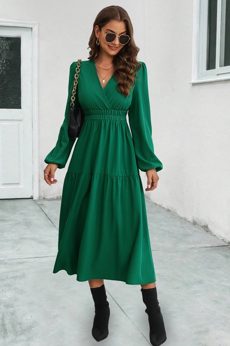 WOMEN ELASTIC WAIST V NECK LONG SLEEVE MAXI DRESS Light Fall Tasteful Detail