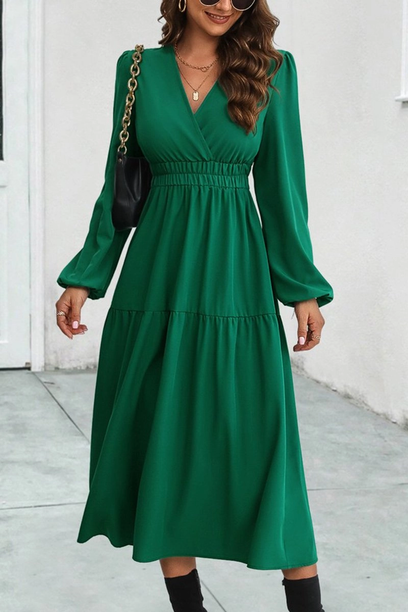 WOMEN ELASTIC WAIST V NECK LONG SLEEVE MAXI DRESS WideCollarDesign Korean Mood