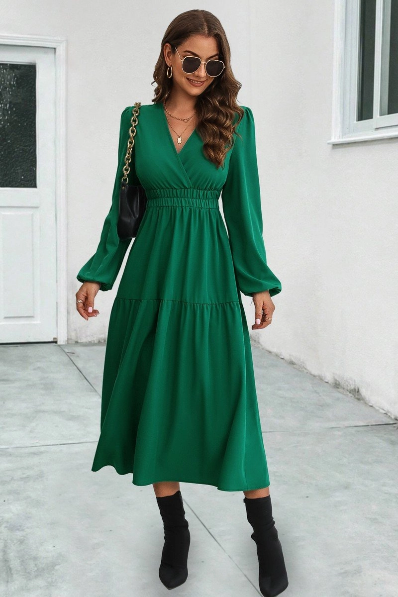 WOMEN ELASTIC WAIST V NECK LONG SLEEVE MAXI DRESS FlexibleKneePanels No Gap Waistband