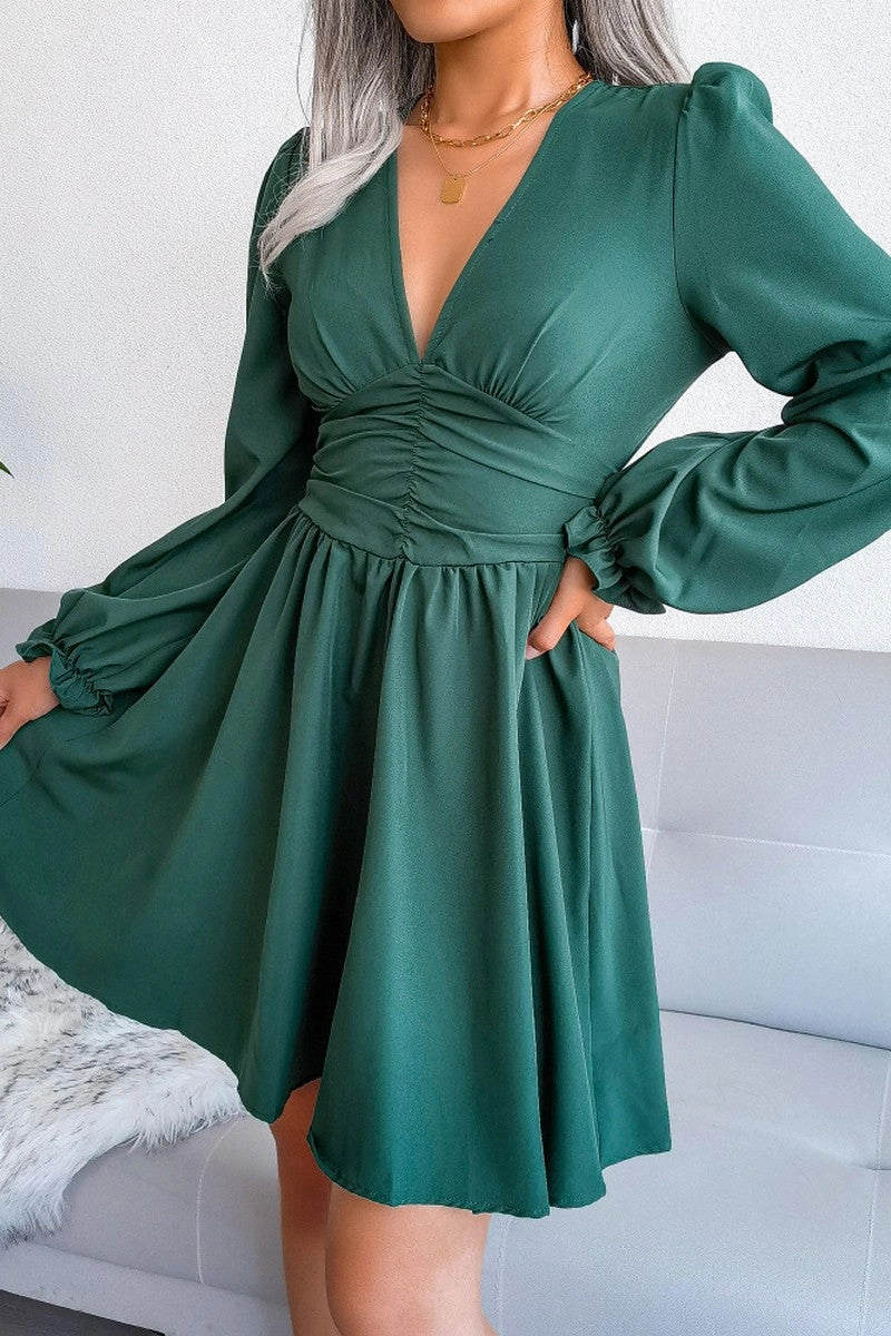 Balanced Tones WOMEN EMPIRE SLIM WAIST SEXY V NECK RUFFLE DRESS