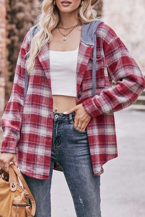 WOMEN FLANNEL PLAID HOODIE SHACKET Minimal Look Light and Comfortable