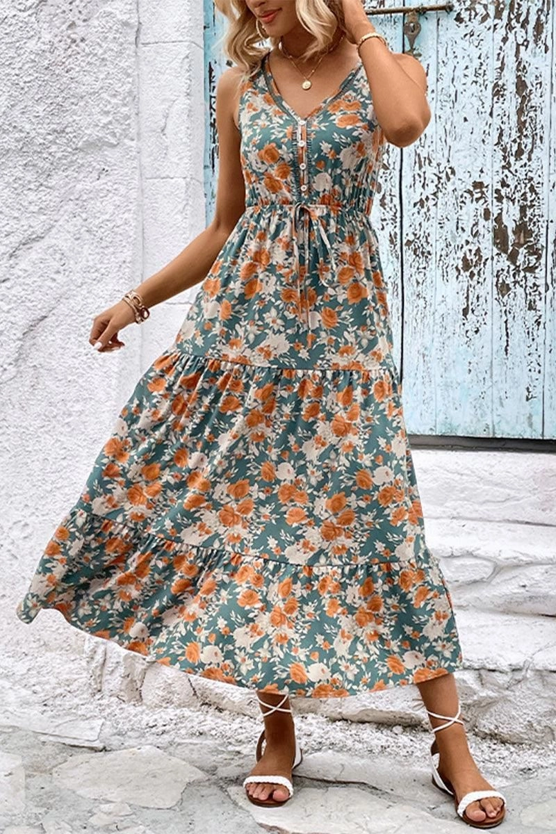 WOMEN FLORAL SLEEVELESS TIERED DRESS Fit Mood loose silhouette