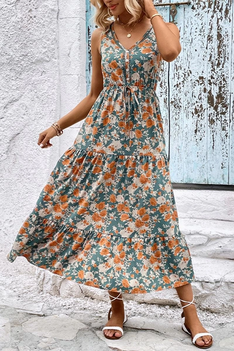 Simple Bow WOMEN FLORAL SLEEVELESS TIERED DRESS