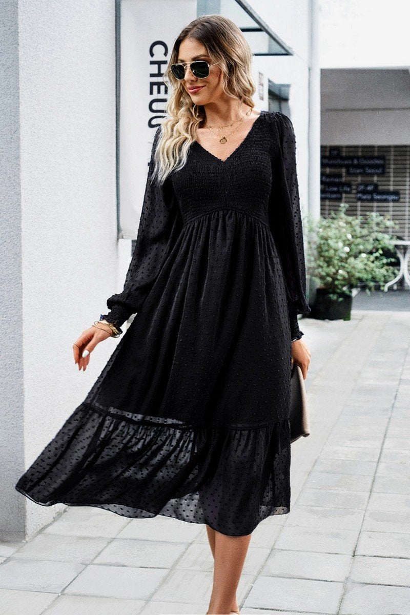 Minimal Detail Linen Vibe WOMEN LACE HEM V NECK HIGH WAIST SWING DRESS