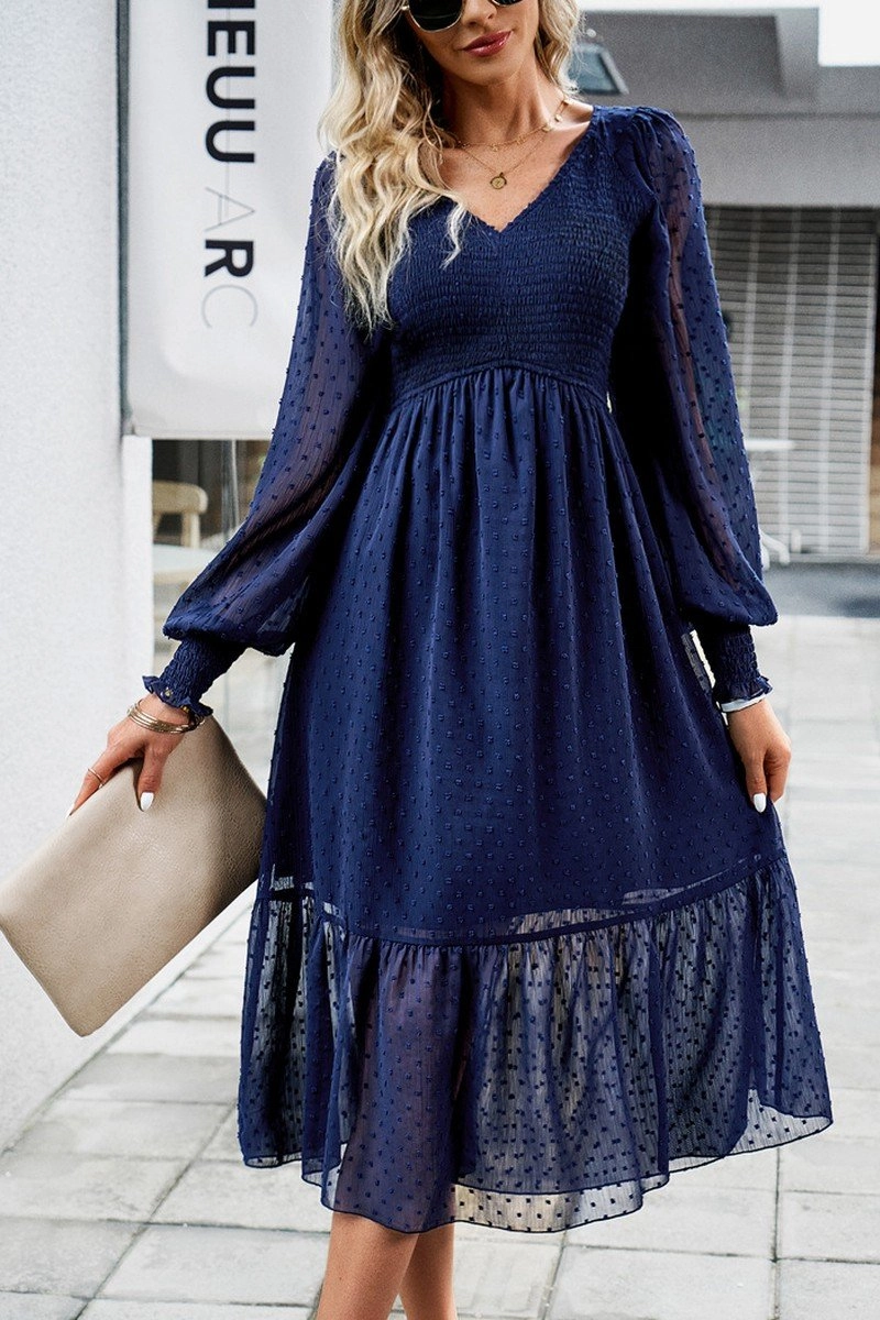 Fall Silhouette WOMEN LACE HEM V NECK HIGH WAIST SWING DRESS