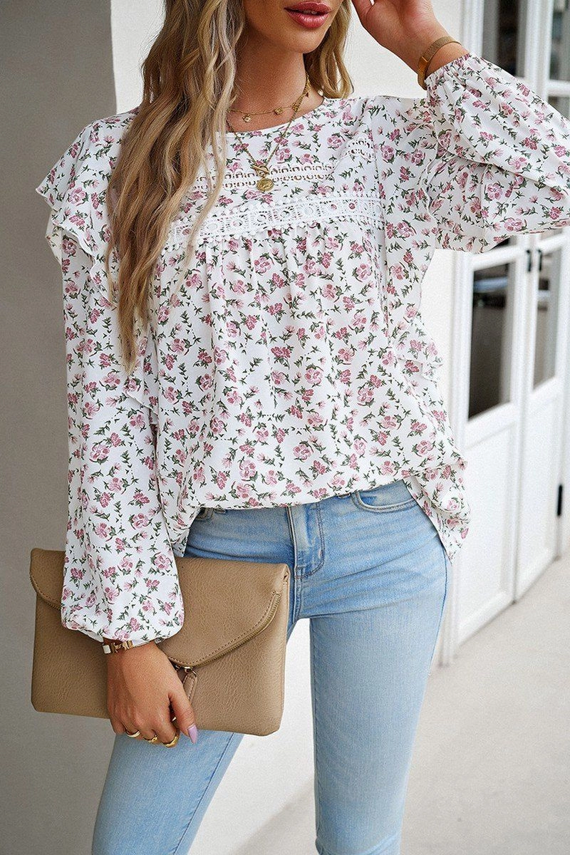 Odor Neutralizing Technology WOMEN LACE TRIM FRILL ANGEL SLEEVE FLORAL BLOUSE