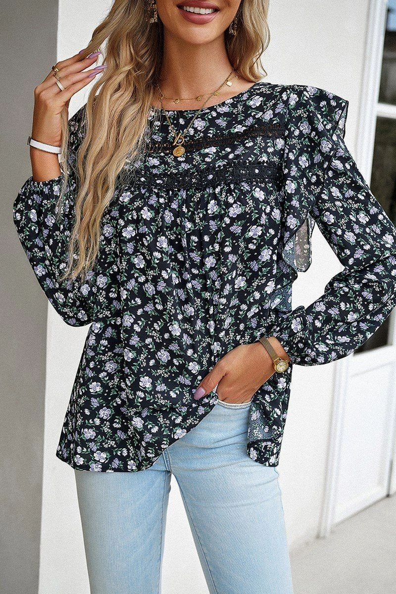 WOMEN LACE TRIM FRILL ANGEL SLEEVE FLORAL BLOUSE DualLayer Weave