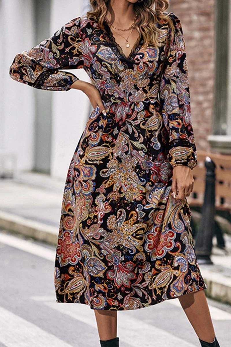 WOMEN LACE TRIM V NECK LONG SLEEVE BOHO DRESS Light Wrap