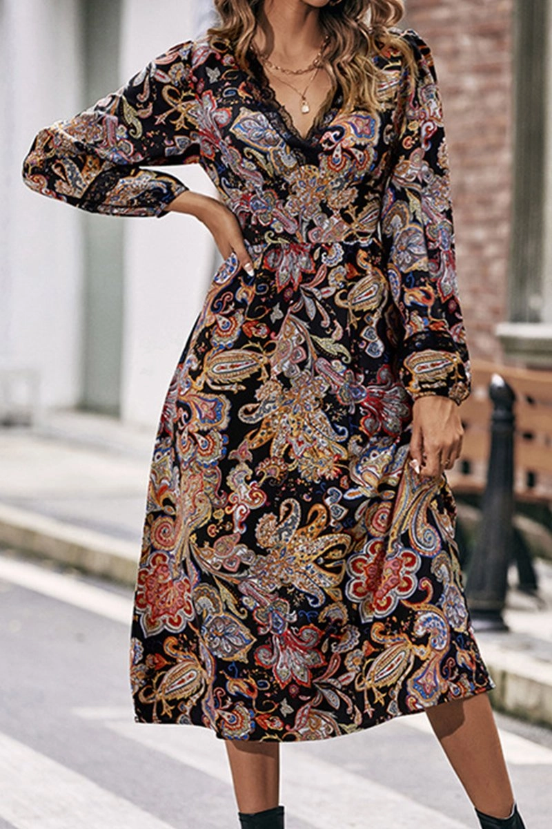 WOMEN LACE TRIM V NECK LONG SLEEVE BOHO DRESS Fashionable Touch