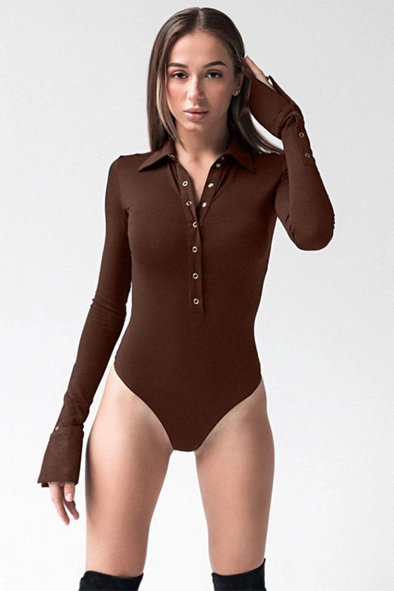 WOMEN LONG SLEEVE LAPEL BUTTON UP NECK BODYSUIT Smart Casual StainResistantCoating