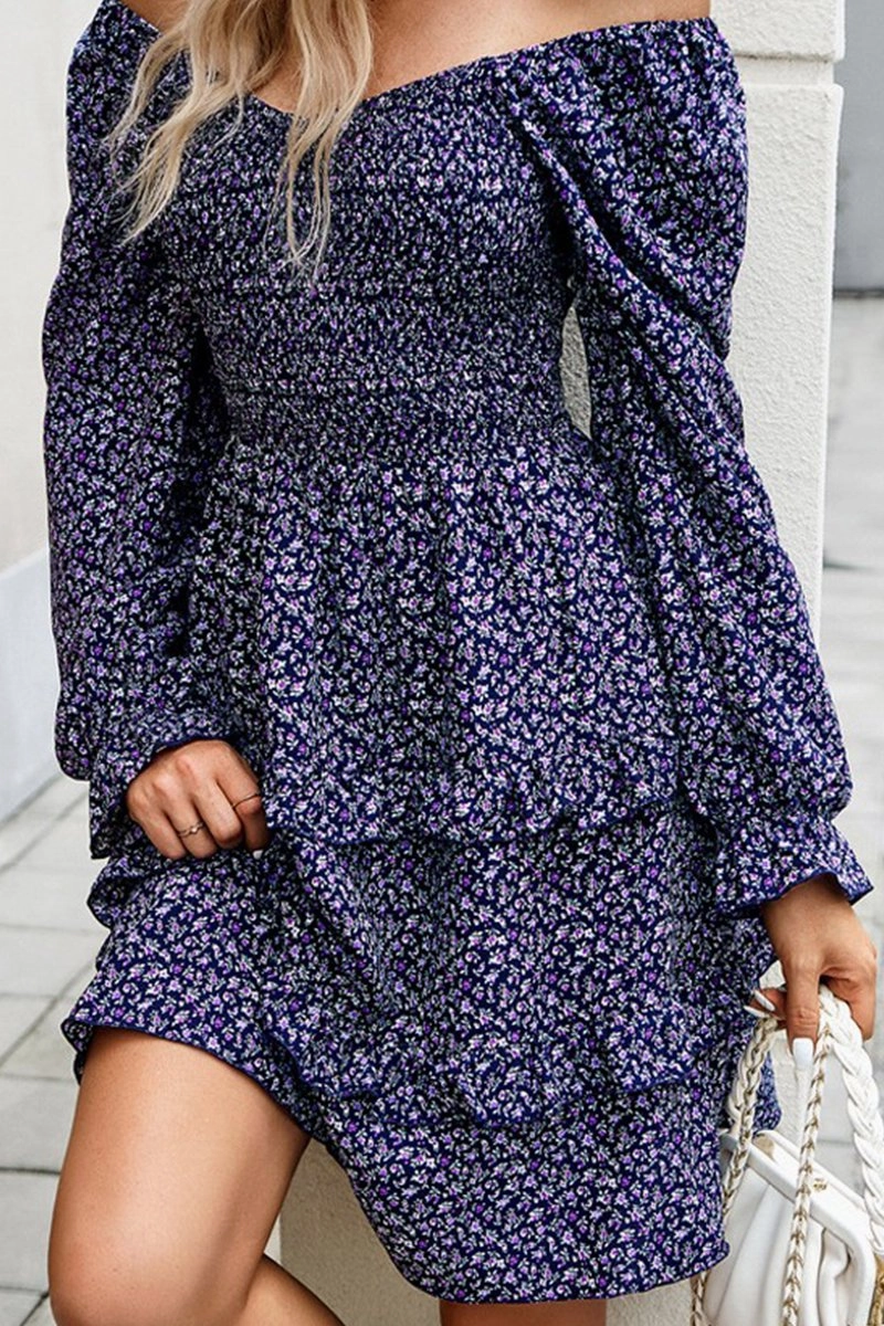 perfect for events WOMEN LONG SLEEVE RUFFLE TIRED FLORAL FLOWY DRESS
