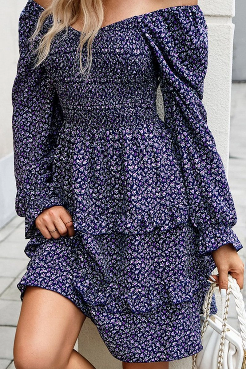WOMEN LONG SLEEVE RUFFLE TIRED FLORAL FLOWY DRESS City Layers Light Base