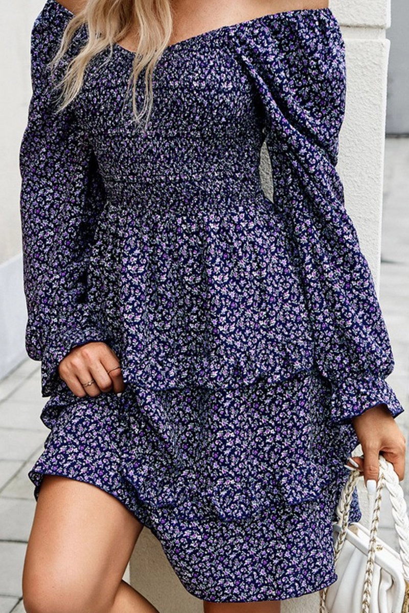 Mid Season WOMEN LONG SLEEVE RUFFLE TIRED FLORAL FLOWY DRESS