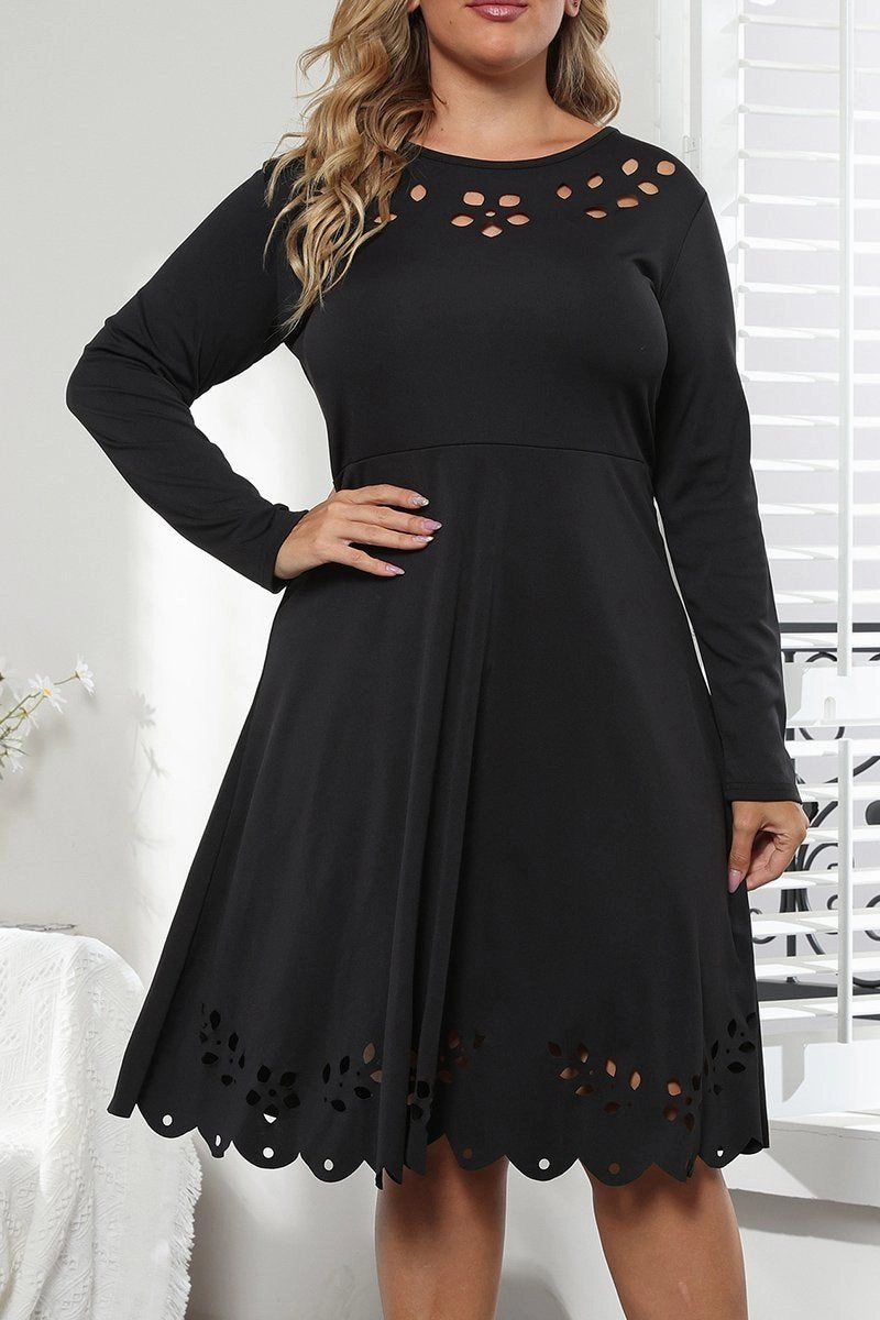 Shade Soft Elegant Mature WOMEN PLUS SIZE PUNCHING LONG SLEEVE DRESS