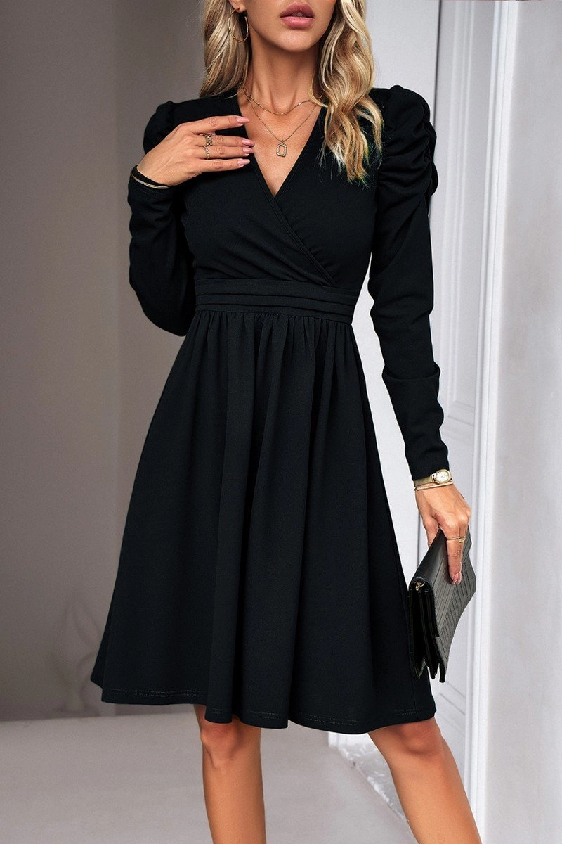 WOMEN PUFF SLEEVE V NECK WARP STYLE SWING DRESS Calm Drape