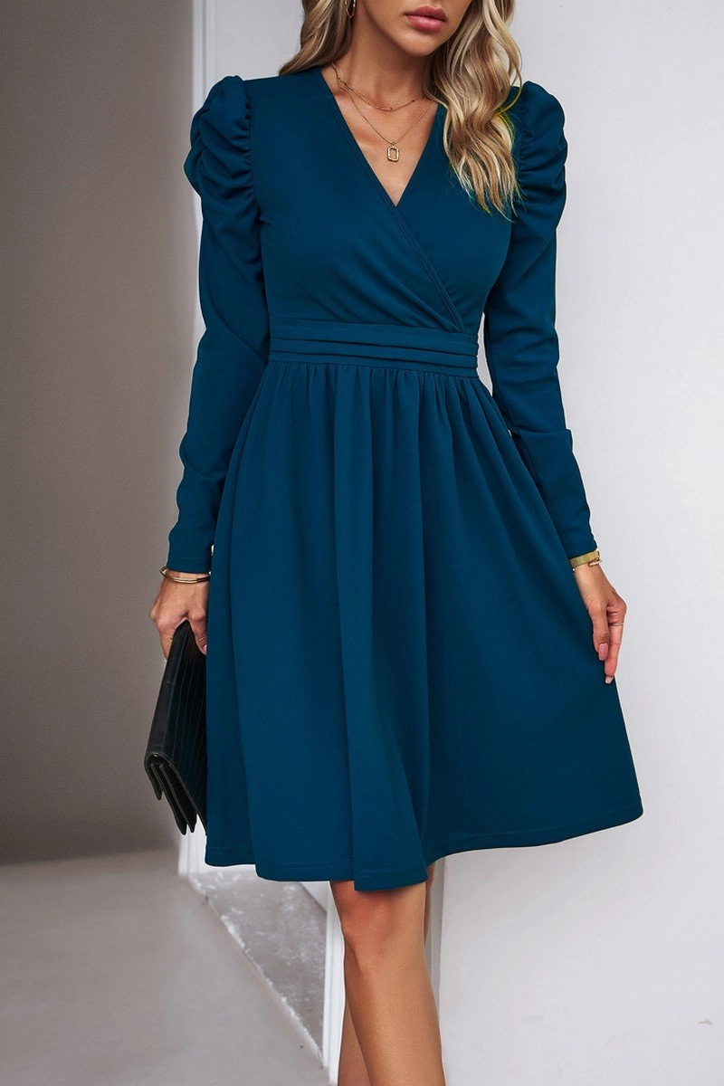 WOMEN PUFF SLEEVE V NECK WARP STYLE SWING DRESS Body Ease