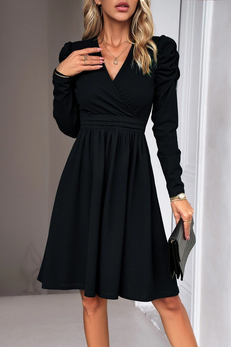 WOMEN PUFF SLEEVE V NECK WARP STYLE SWING DRESS Wedding Style Air Beauty