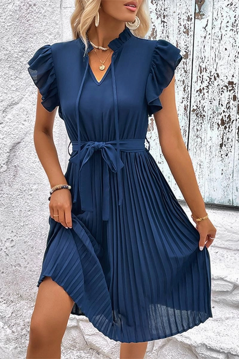 velvet feel All Gender WOMEN RUFFLED HIGH NECK PLEATED KNEE LENGTH DRESS