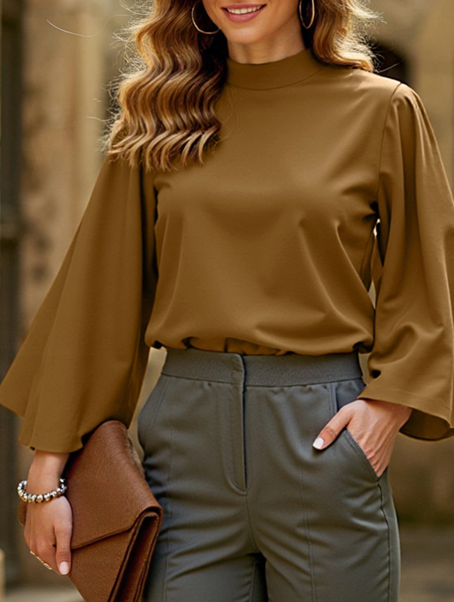 Women's stand collar casual shirt Double Layered Hem