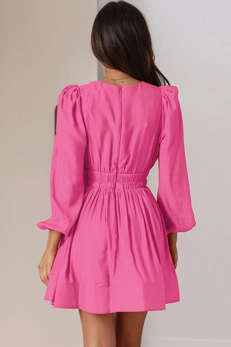 WOMEN SEXY DEEP V NECK LONG SLEEVE MINI DRESS High Hemline