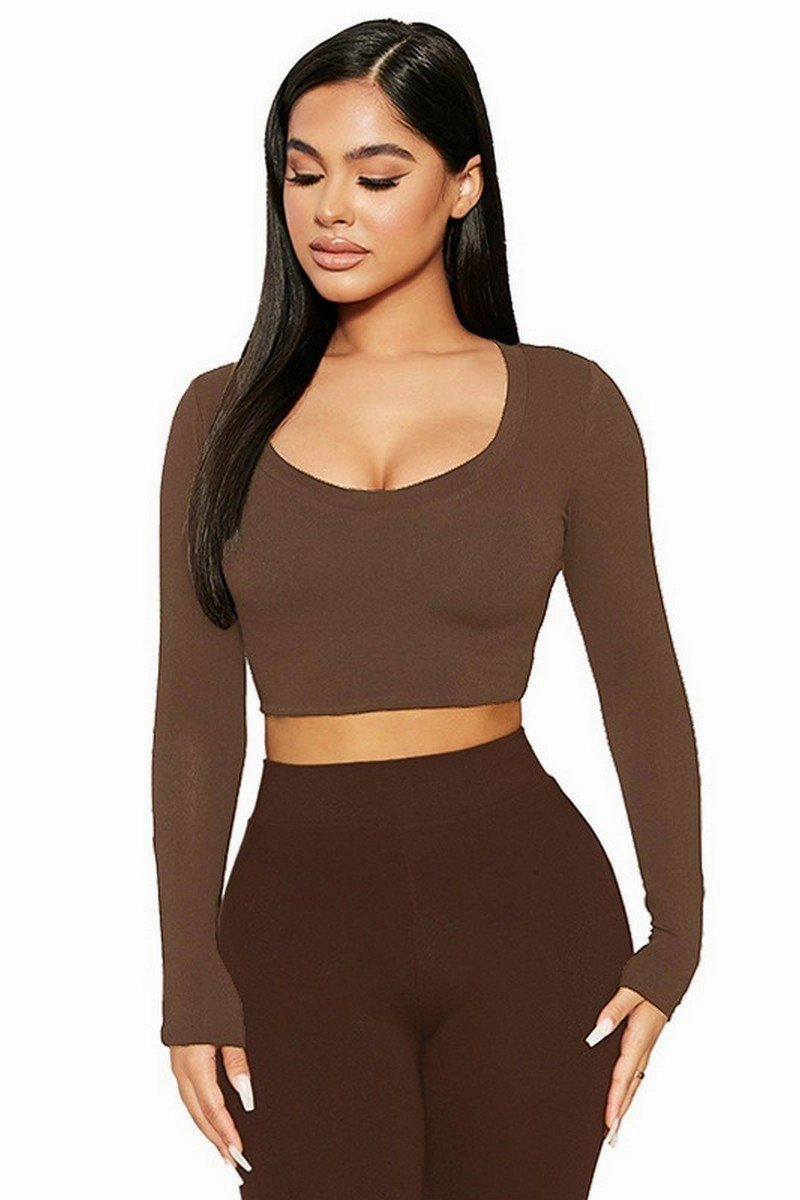 Comfy Top Comfortable All Day Wear WOMEN SEXY U NECK LONG SLEEVE CROP TIGHT TOP
