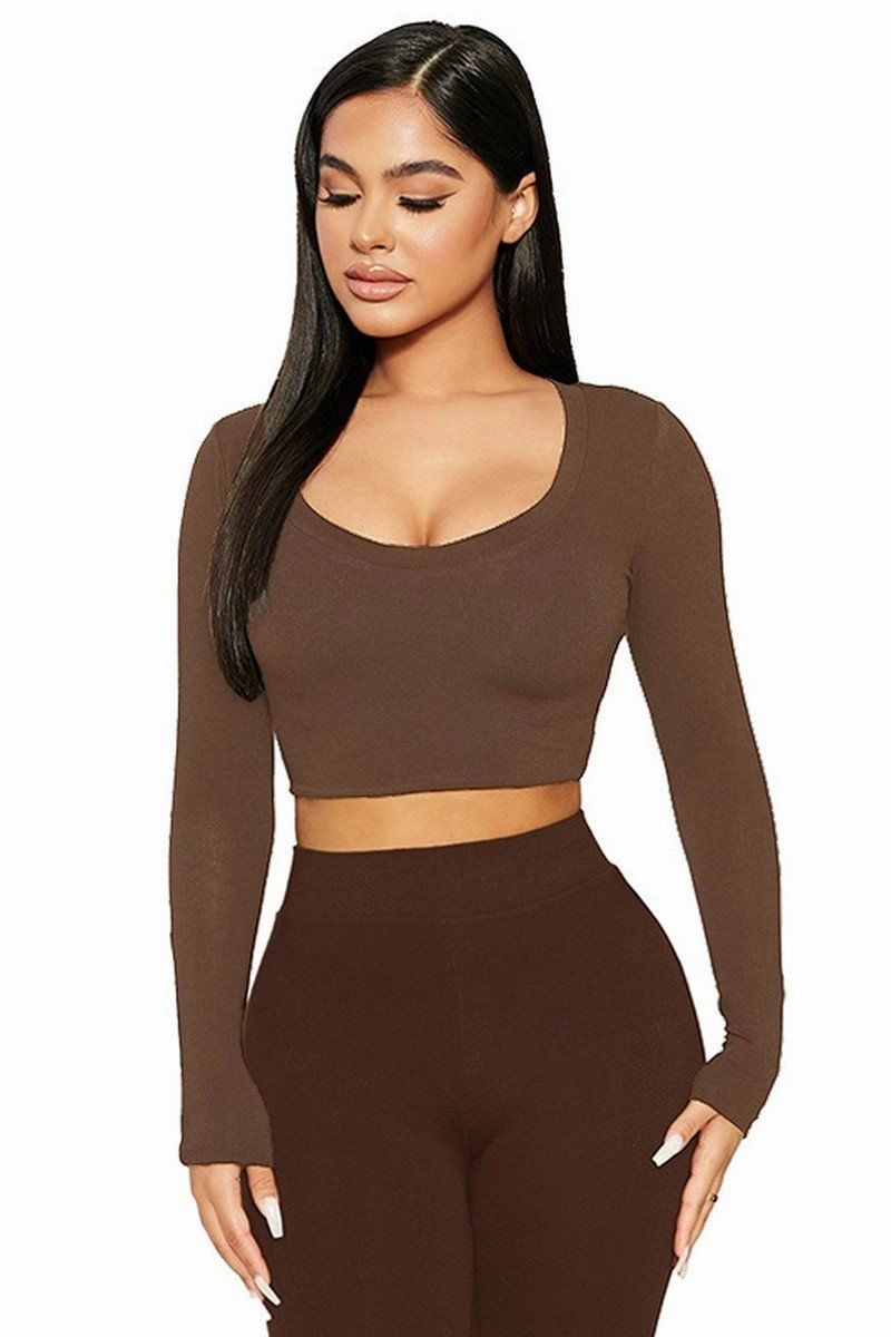 Best Seller Timeless Look Wear WOMEN SEXY U NECK LONG SLEEVE CROP TIGHT TOP