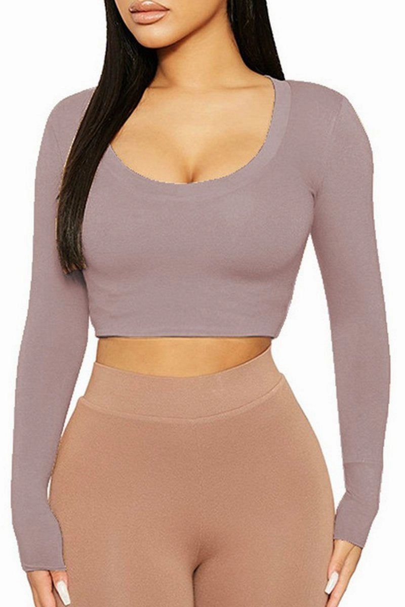 WOMEN SEXY U NECK LONG SLEEVE CROP TIGHT TOP Versatile Piece