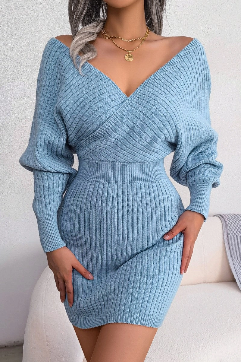 Cafe Vibe Cool Motion WOMEN SEXY WRAP SLIM WAIST KNITTED SHORT DRESS