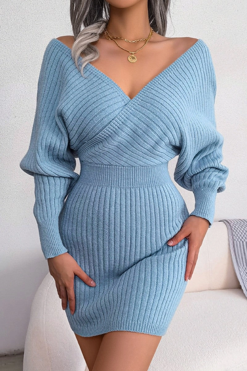 WOMEN SEXY WRAP SLIM WAIST KNITTED SHORT DRESS Tailored Wear